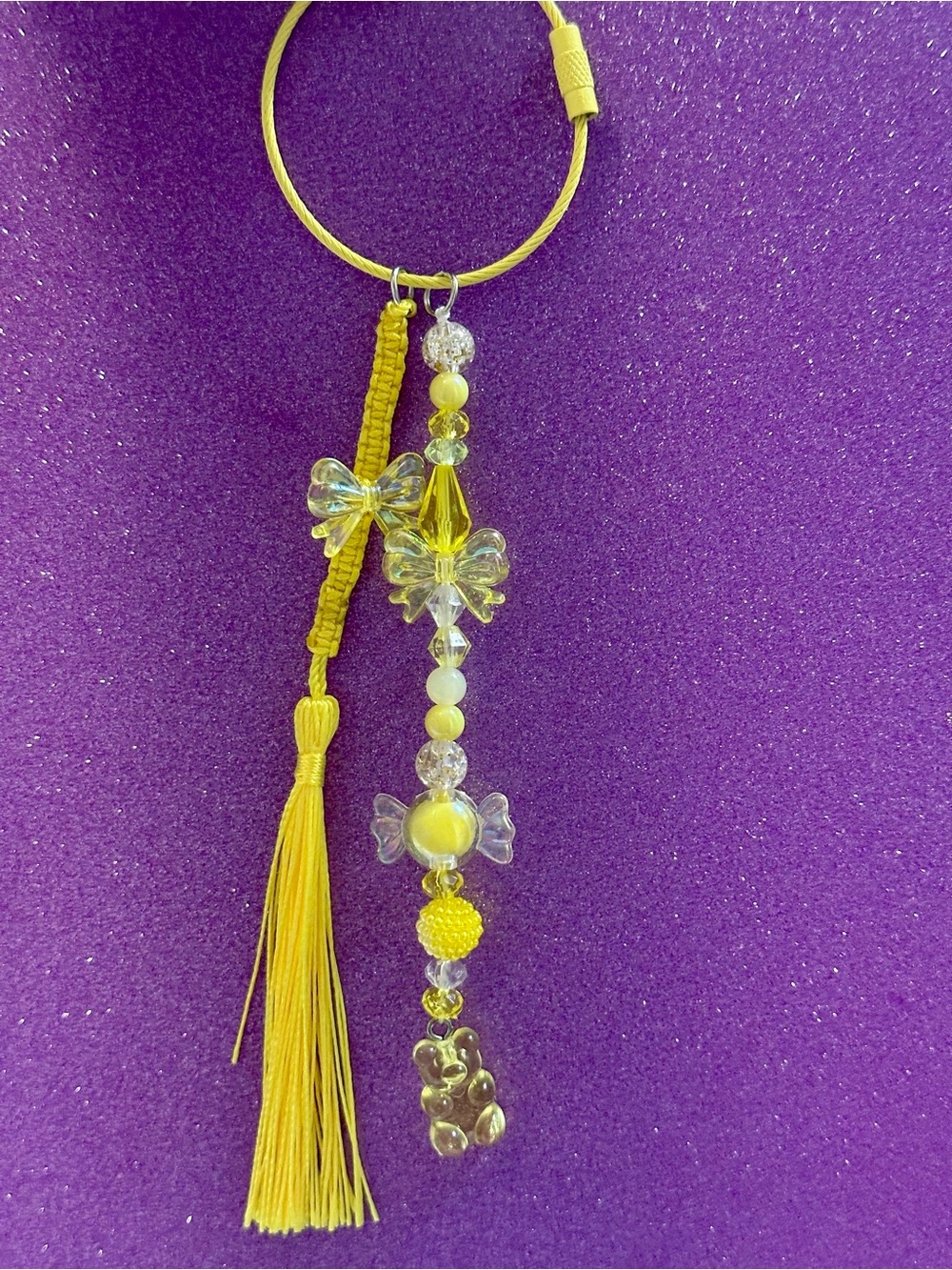 Handmade Yellow Beaded Gummy Bear Tassel Keychain Charm with bow and candy bead